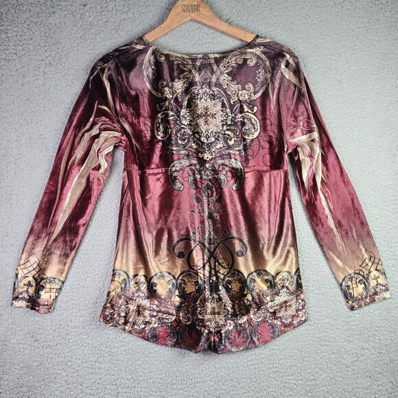 Style & Co Velvet Boho Tunic Flare Sleeve Baroque Festival Burgundy Y2K Peasant - Picture 12 of 12